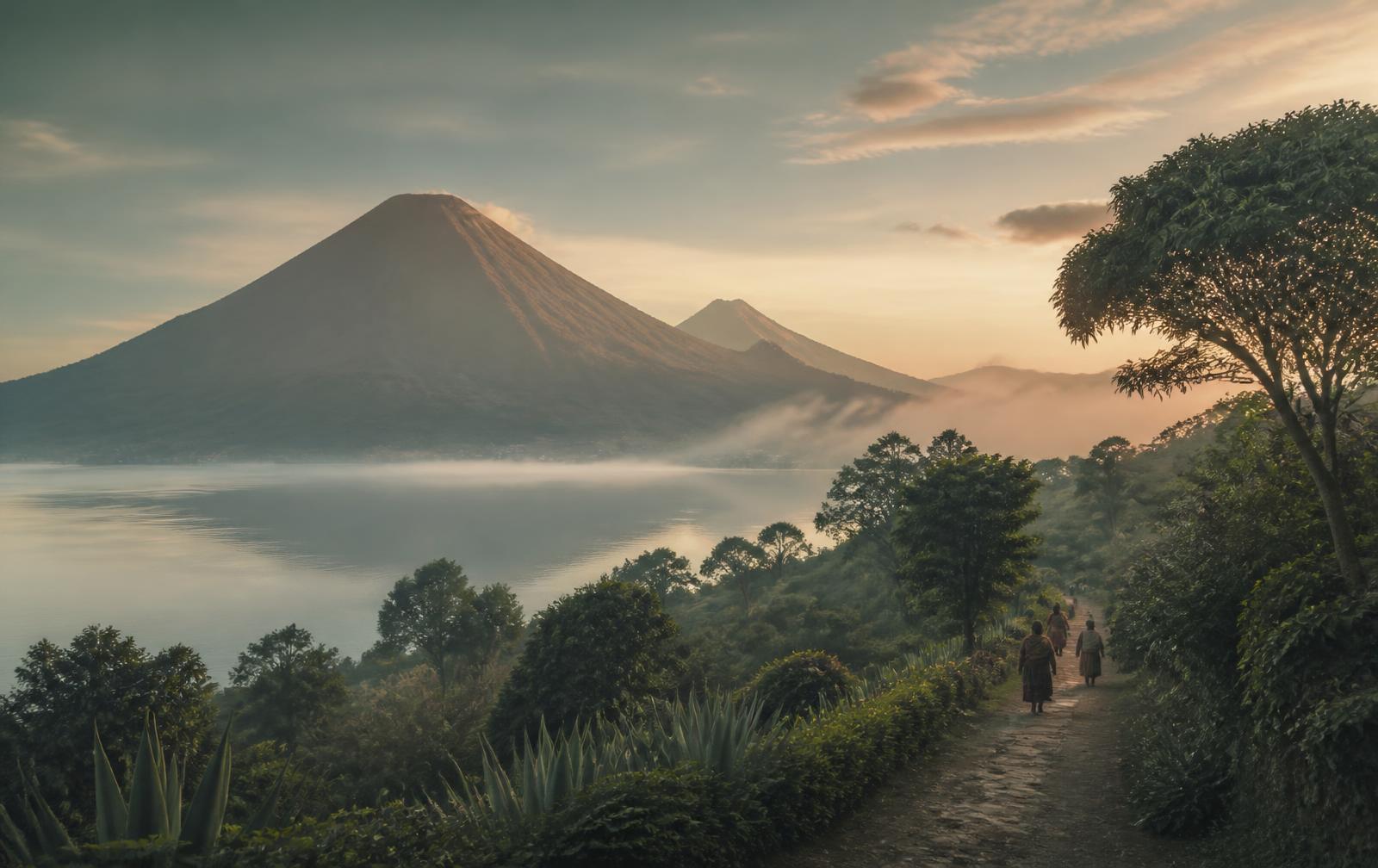 Sendero entre naturaleza frente a un lago y volcanes en Guatemala